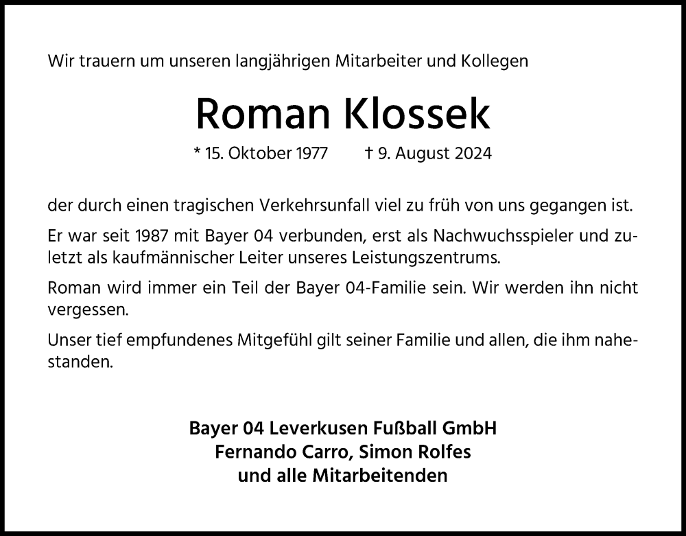  Traueranzeige für Roman Klossek vom 17.08.2024 aus Kölner Stadt-Anzeiger / Kölnische Rundschau / Express