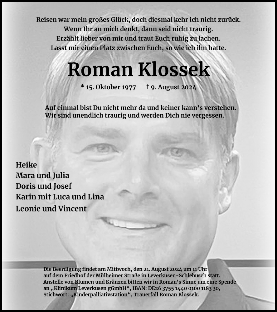  Traueranzeige für Roman Klossek vom 17.08.2024 aus Kölner Stadt-Anzeiger / Kölnische Rundschau / Express