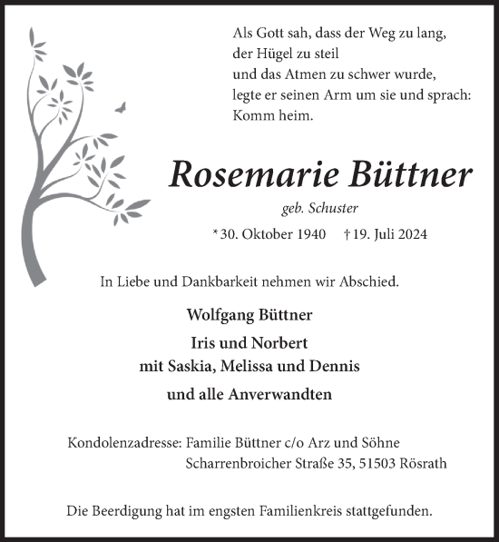 Anzeige von Rosemarie Büttner von  Bergisches Handelsblatt 