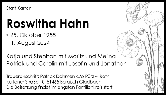 Anzeige von Roswitha Hahn von Kölner Stadt-Anzeiger / Kölnische Rundschau / Express