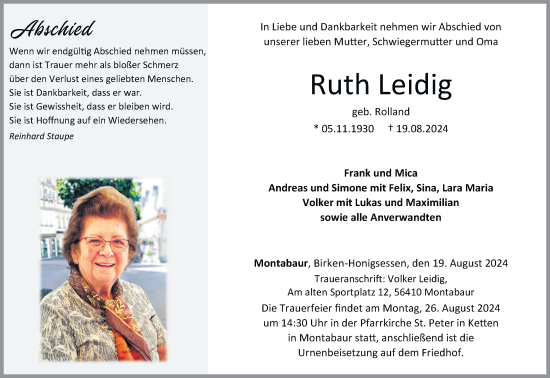 Anzeige von Ruth Leidig von Kölner Stadt-Anzeiger / Kölnische Rundschau / Express
