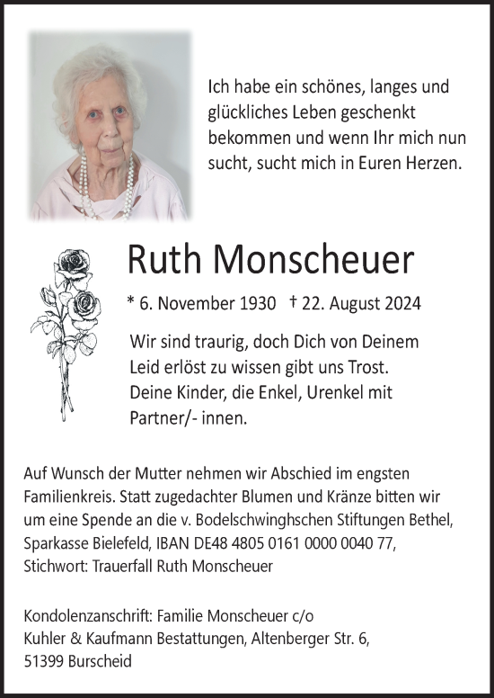 Anzeige von Ruth Monscheuer von  Bergisches Handelsblatt 