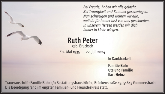 Anzeige von Ruth Peter von  Anzeigen Echo 