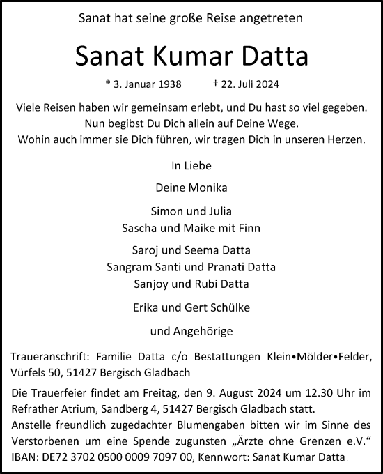 Anzeige von Sanat Kumar Datta von Kölner Stadt-Anzeiger / Kölnische Rundschau / Express