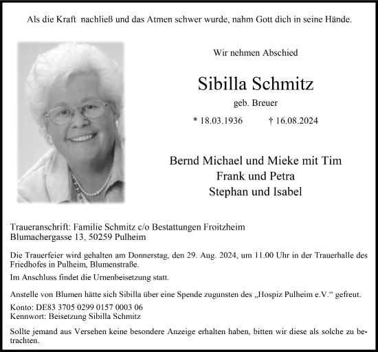 Anzeige von Sibilla Schmitz von  Wochenende 