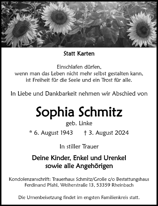 Anzeige von Sophia Schmitz von  Schaufenster/Blickpunkt 