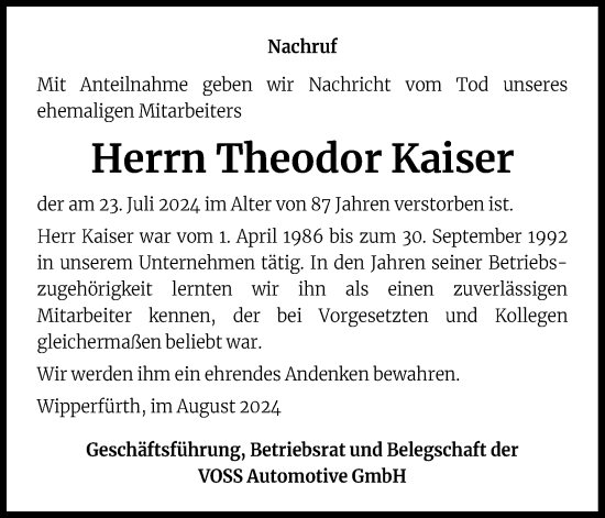 Anzeige von Theodor Kaiser von Kölner Stadt-Anzeiger / Kölnische Rundschau / Express