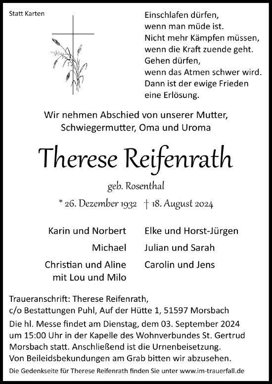 Anzeige von Therese Reifenrath von  Lokalanzeiger 