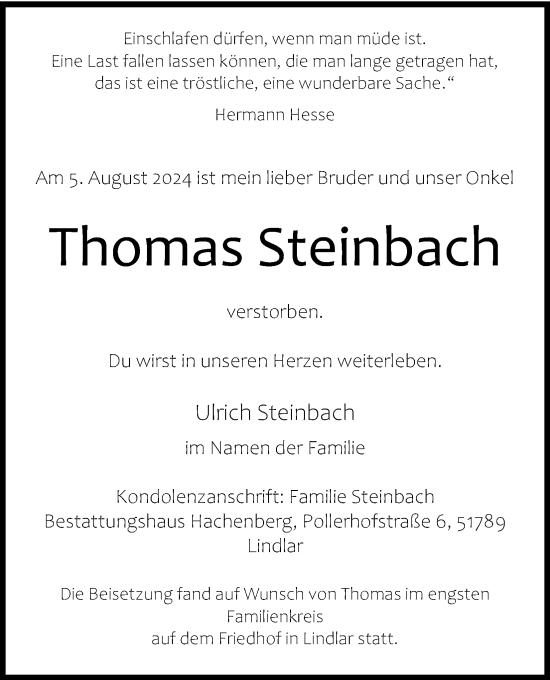 Anzeige von Thomas Steinbach von Kölner Stadt-Anzeiger / Kölnische Rundschau / Express