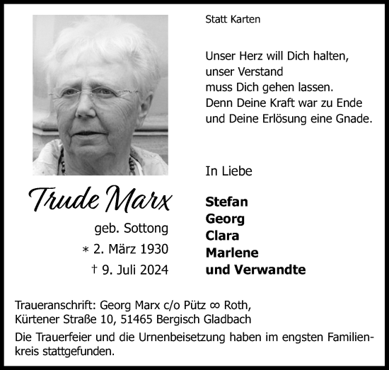 Anzeige von Trude Marx von Kölner Stadt-Anzeiger / Kölnische Rundschau / Express