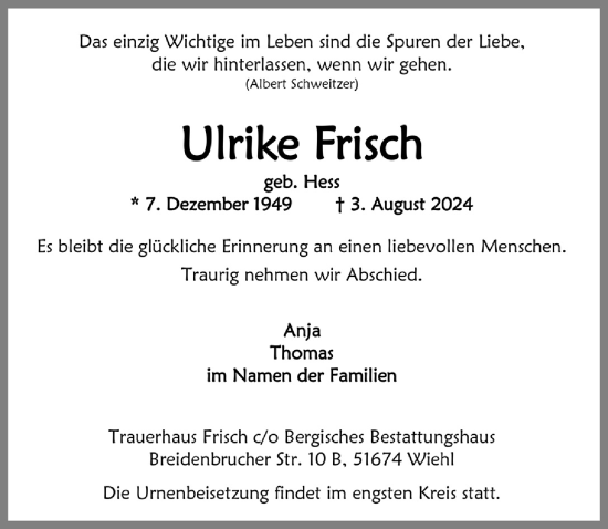 Anzeige von Ulrike Frisch von  Anzeigen Echo 