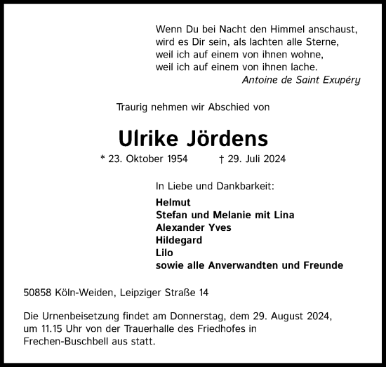 Anzeige von Ulrike Jördens von Kölner Stadt-Anzeiger / Kölnische Rundschau / Express