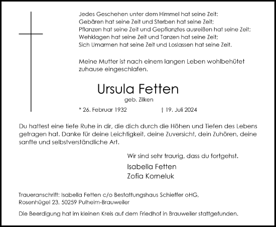 Anzeige von Ursula Fetten von  Wochenende 