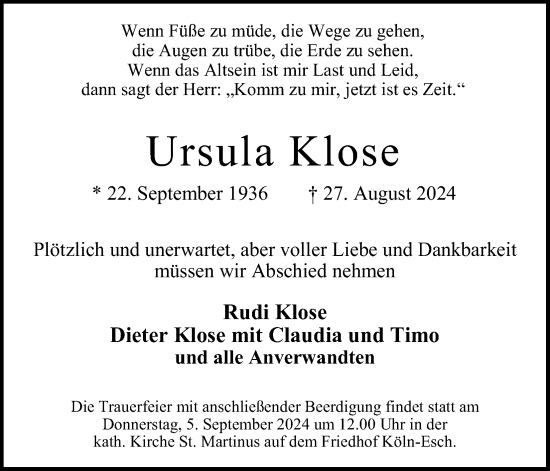 Anzeige von Ursula Klose von Kölner Stadt-Anzeiger / Kölnische Rundschau / Express