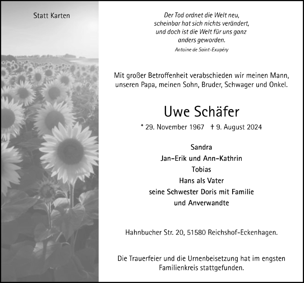  Traueranzeige für Uwe Schäfer vom 23.08.2024 aus  Anzeigen Echo 