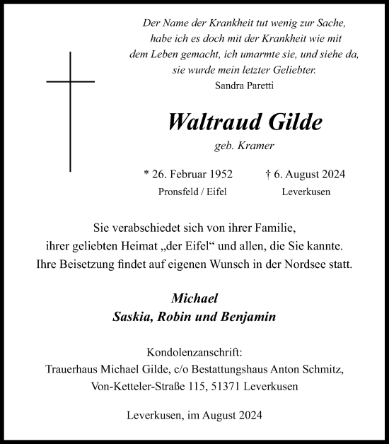 Anzeige von Waltraud Gilde von Kölner Stadt-Anzeiger / Kölnische Rundschau / Express
