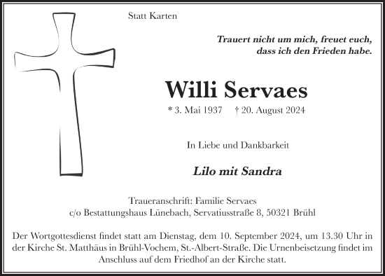 Anzeige von Willi Servaes von  Schlossbote/Werbekurier 
