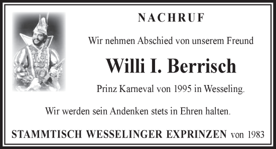 Anzeige von Willi I. Berrisch von  Schlossbote/Werbekurier 