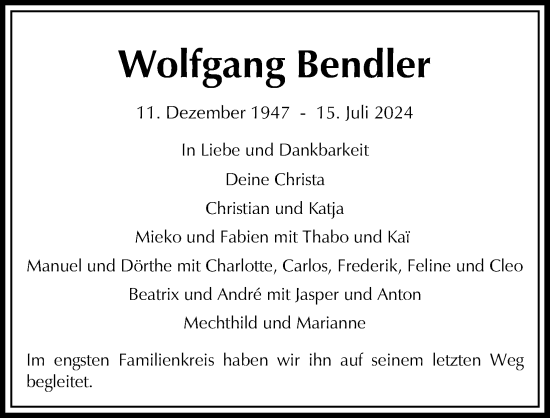 Anzeige von Wolfgang Bendler von Kölner Stadt-Anzeiger / Kölnische Rundschau / Express