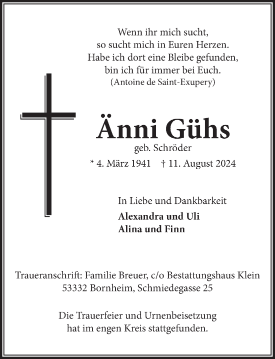 Anzeige von Änni Gühs von  Schaufenster/Blickpunkt 