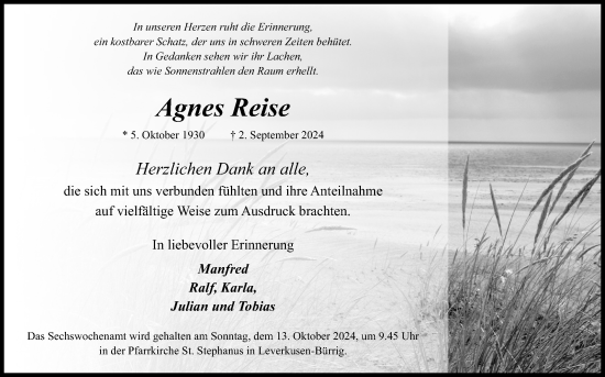 Anzeige von Agnes Reise von Kölner Stadt-Anzeiger / Kölnische Rundschau / Express