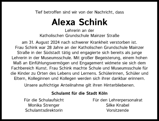 Anzeige von Alexa Schink von Kölner Stadt-Anzeiger / Kölnische Rundschau / Express