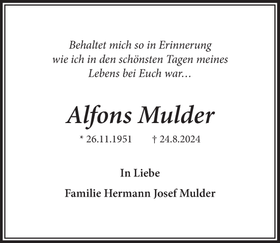 Anzeige von Alfons Mulder von  Schlossbote/Werbekurier 
