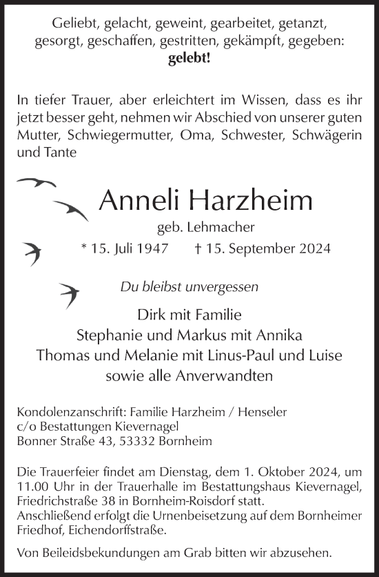 Anzeige von Anneli Harzheim von  Schaufenster/Blickpunkt 