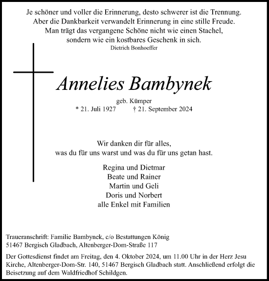 Anzeige von Annelies Bambynek von Kölner Stadt-Anzeiger / Kölnische Rundschau / Express