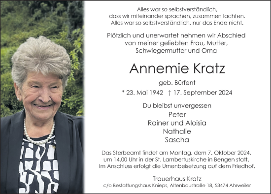 Anzeige von Annemie Kratz von  Schlossbote/Werbekurier 