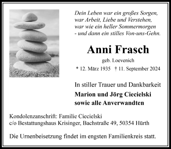Anzeige von Anni Frasch von  Wochenende 