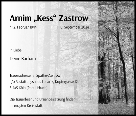 Anzeige von Arnim Zastrow von Kölner Stadt-Anzeiger / Kölnische Rundschau / Express