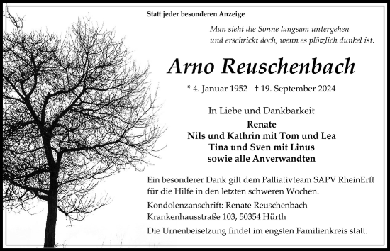 Anzeige von Arno Reuschenbach von  Wochenende 