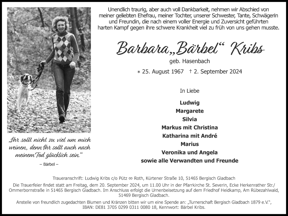  Traueranzeige für Barbara Kribs vom 14.09.2024 aus Kölner Stadt-Anzeiger / Kölnische Rundschau / Express