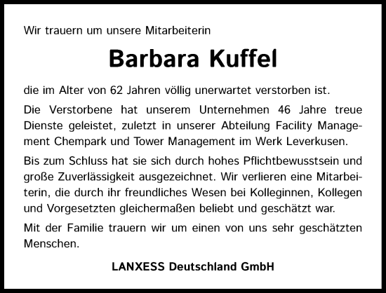 Anzeige von Barbara Kuffel von Kölner Stadt-Anzeiger / Kölnische Rundschau / Express
