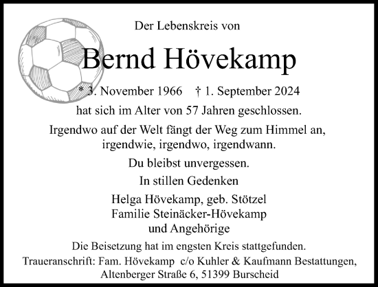 Anzeige von Bernd Hövekamp von Kölner Stadt-Anzeiger / Kölnische Rundschau / Express