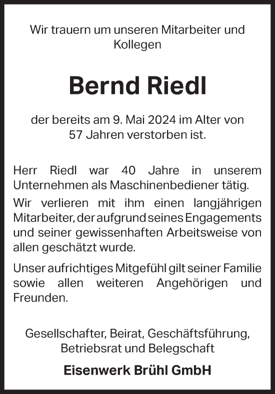 Anzeige von Bernd Riedl von  Schlossbote/Werbekurier 