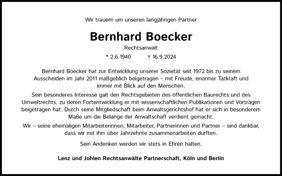 Anzeige von Bernhard Boecker von Kölner Stadt-Anzeiger / Kölnische Rundschau / Express