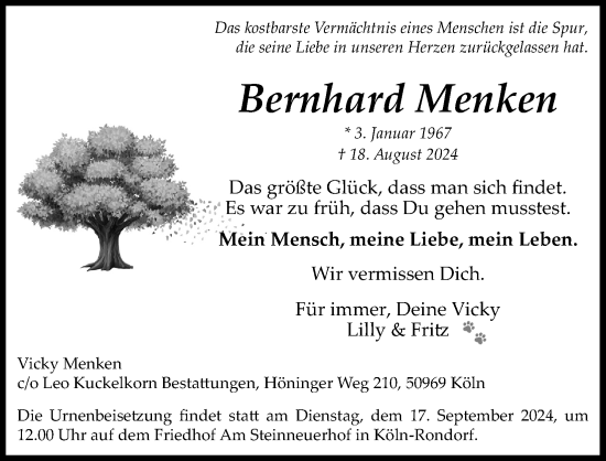 Anzeige von Bernhard Menken von Kölner Stadt-Anzeiger / Kölnische Rundschau / Express