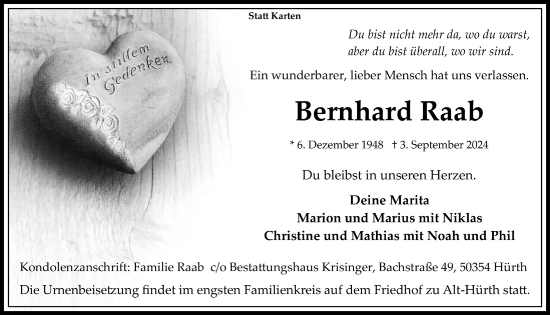 Anzeige von Bernhard Raab von  Wochenende 