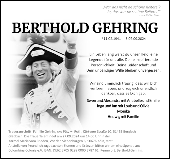 Anzeige von Berthold Gehring von Kölner Stadt-Anzeiger / Kölnische Rundschau / Express