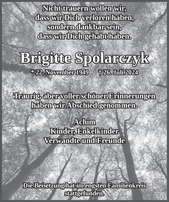 Anzeige von Brigitte Spolarczyk von  Lokalanzeiger 