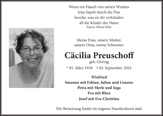 Anzeige von Cäcilia Preuschoff von  Wochenende 