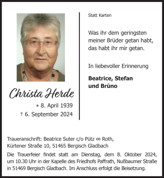 Anzeige von Christa Herde von  Bergisches Handelsblatt 
