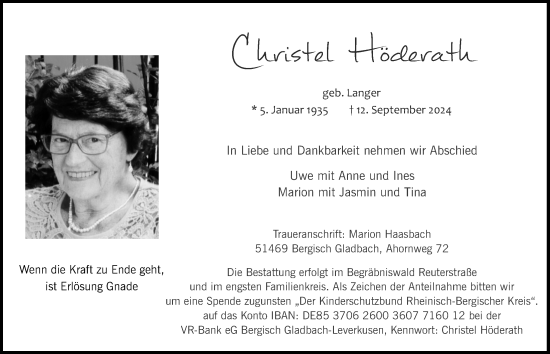 Anzeige von Christel Höderath von  Bergisches Handelsblatt 