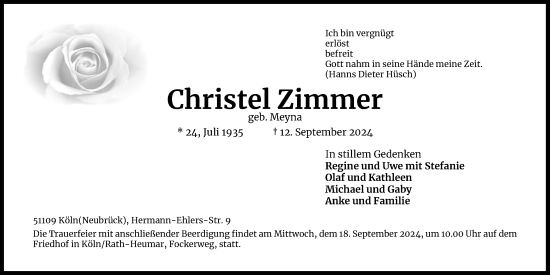 Anzeige von Christel Zimmer von Kölner Stadt-Anzeiger / Kölnische Rundschau / Express