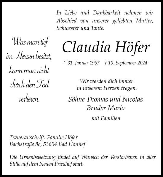 Anzeige von Claudia Höfer von  Extra Blatt 