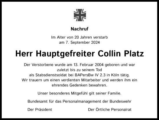 Anzeige von Collin Platz von Kölner Stadt-Anzeiger / Kölnische Rundschau / Express