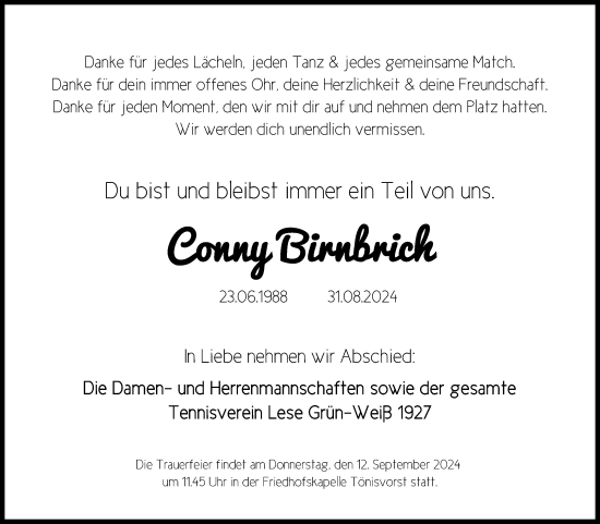 Anzeige von Conny Birnbrich von Kölner Stadt-Anzeiger / Kölnische Rundschau / Express