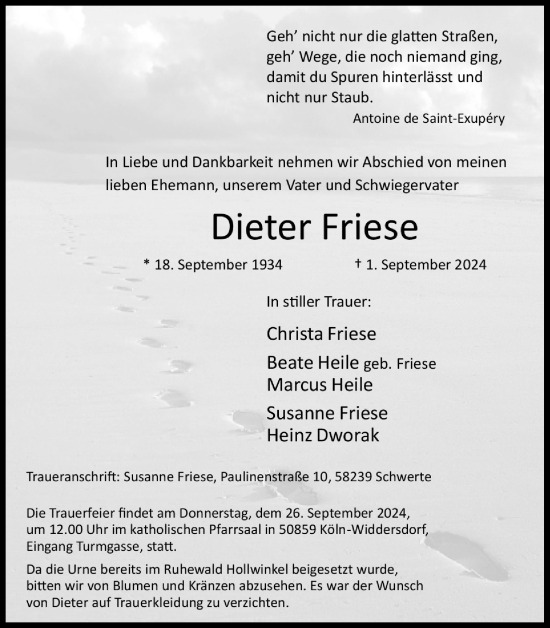 Anzeige von Dieter Friese von Kölner Stadt-Anzeiger / Kölnische Rundschau / Express